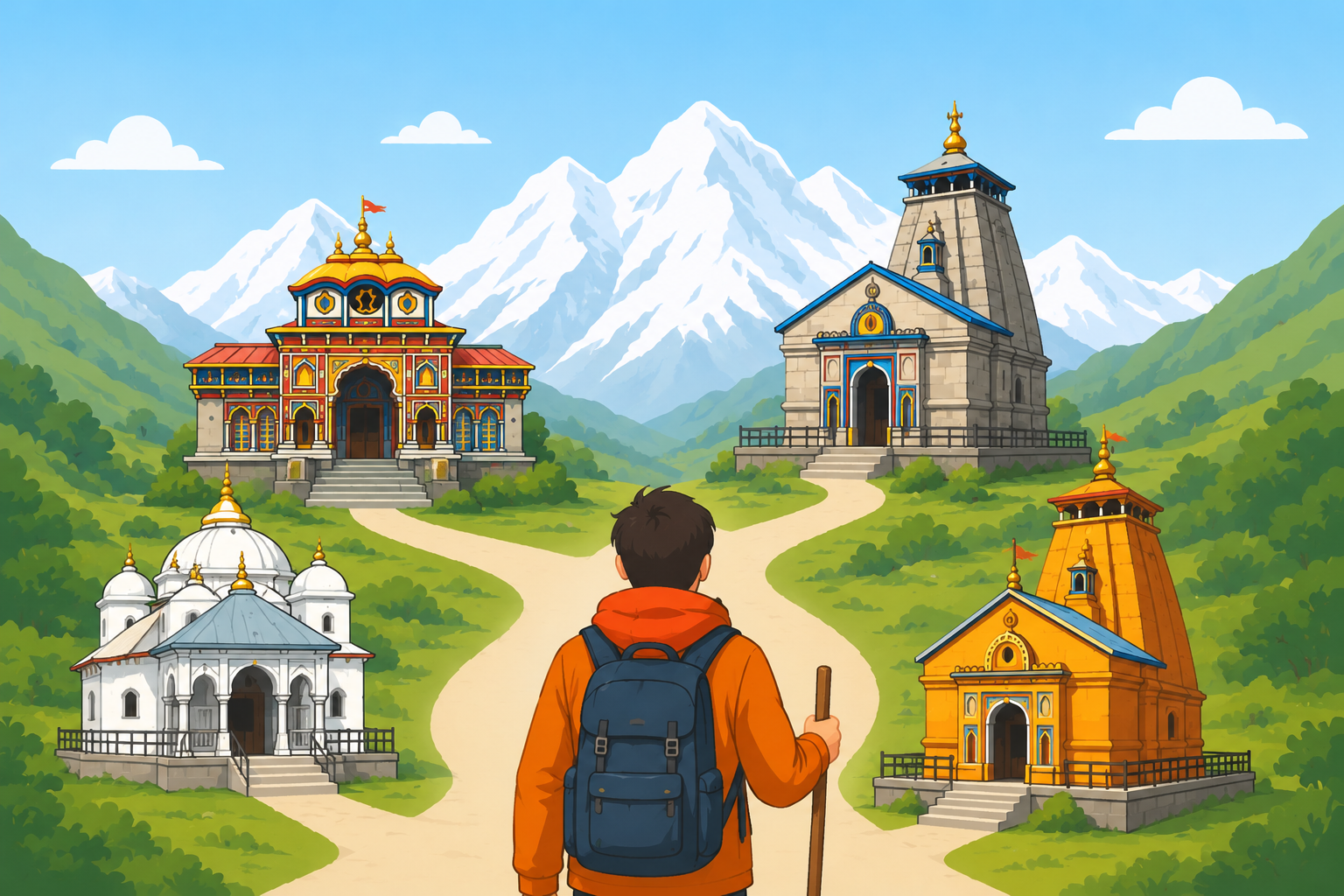 **Alt text:** Minimal cartoon illustration of a pilgrim facing four Himalayan temples connected by winding paths, with snow-capped mountains and green valleys in the background.