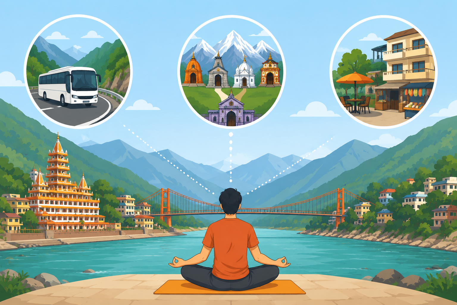 Minimal cartoon illustration of Rishikesh with the Ganges River, a suspension bridge, mountains, and a traveler, highlighting transport, pilgrimage access, and accommodation options.