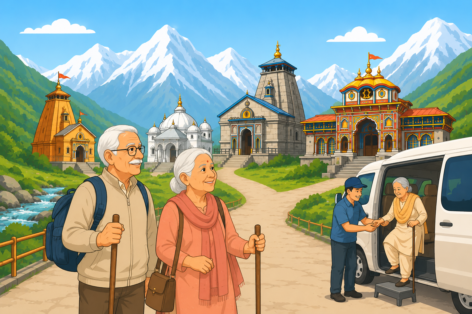 Minimal cartoon illustration of senior pilgrims on a Char Dham journey, with Himalayan temples, mountain paths, and supportive travel assistance in a scenic mountain setting.