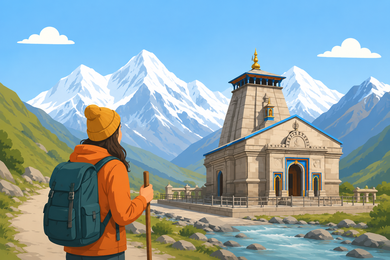 Minimal cartoon illustration of Kedarnath Temple surrounded by Himalayan mountains, with a lone traveler carrying a backpack and walking stick beside a mountain stream under a clear blue sky.