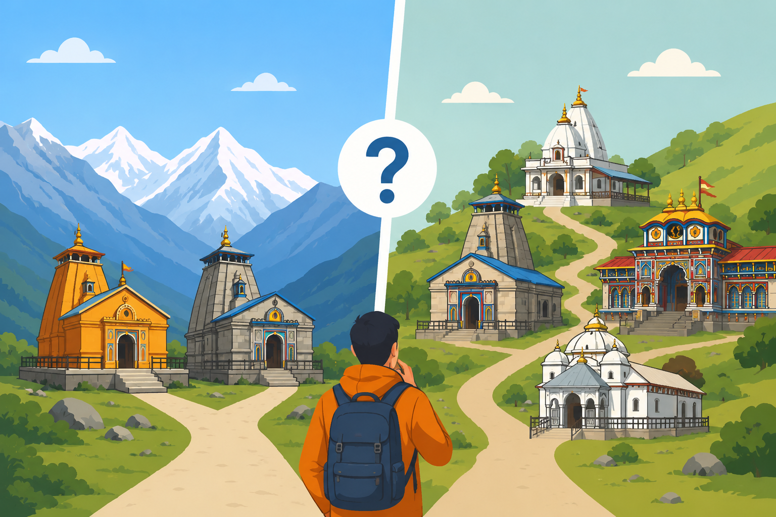 Minimal cartoon illustration of a traveler standing at a forked path, choosing between two pilgrimage routes with Himalayan temples, mountains, and green valleys in the background.