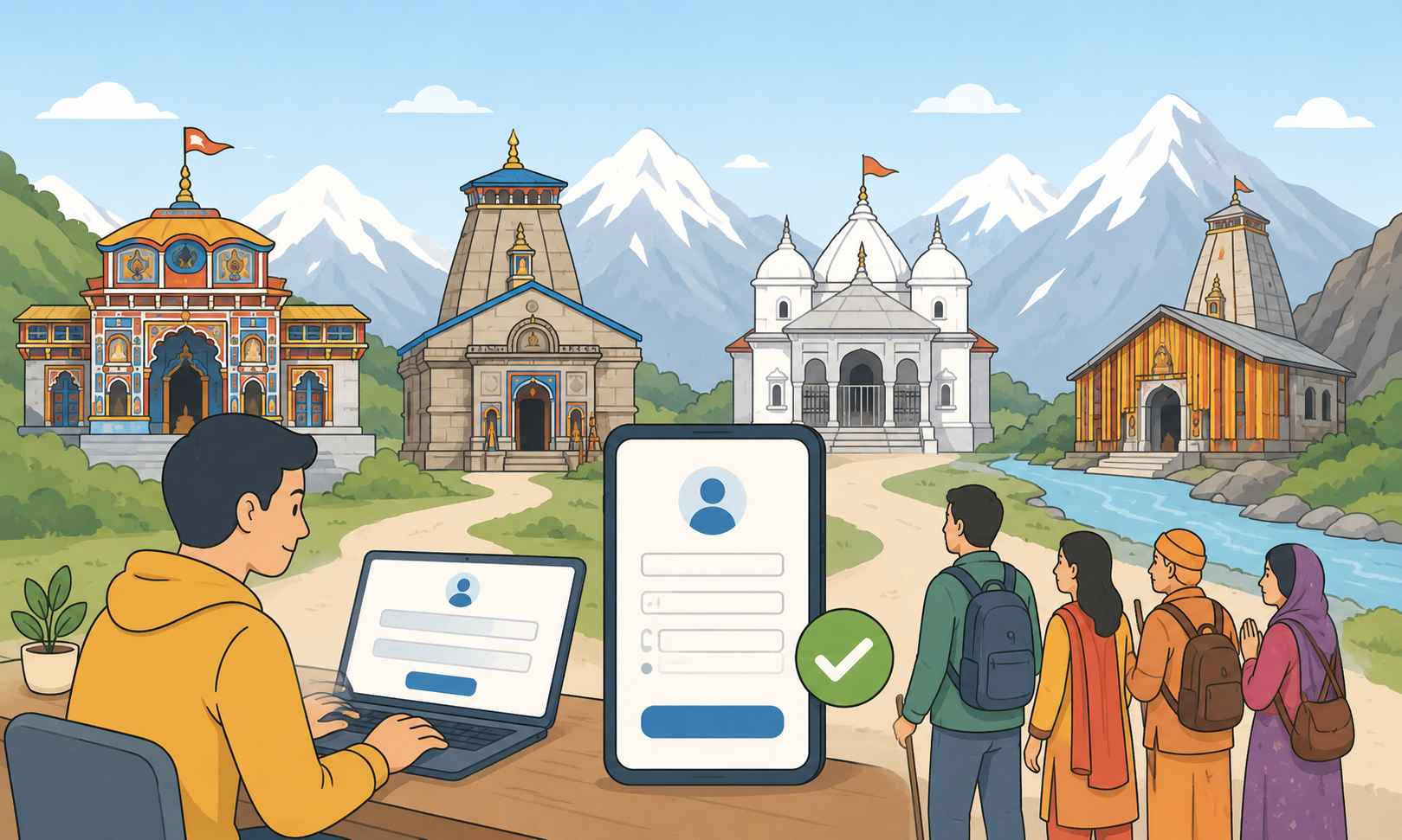 **Alt text:** Minimal cartoon-style illustration of Char Dham Yatra registration, showing pilgrims, a smartphone registration screen, a laptop, Himalayan temples, mountains, and a scenic pilgrimage route.