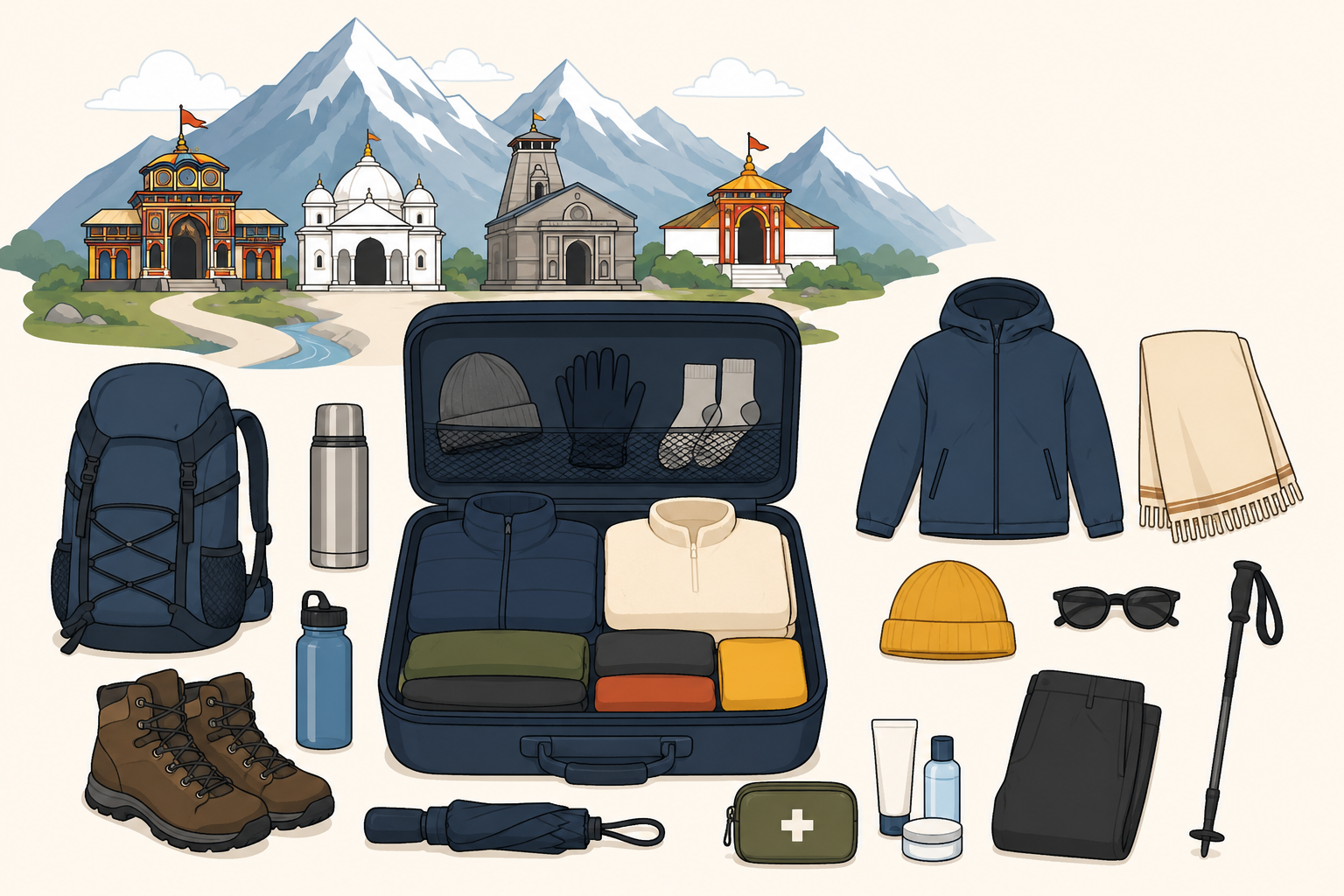 Minimal cartoon illustration of a packed travel suitcase with warm clothes, hiking gear, backpack, boots, water bottle, and first-aid kit, set against a Himalayan mountain backdrop with pilgrimage temples.